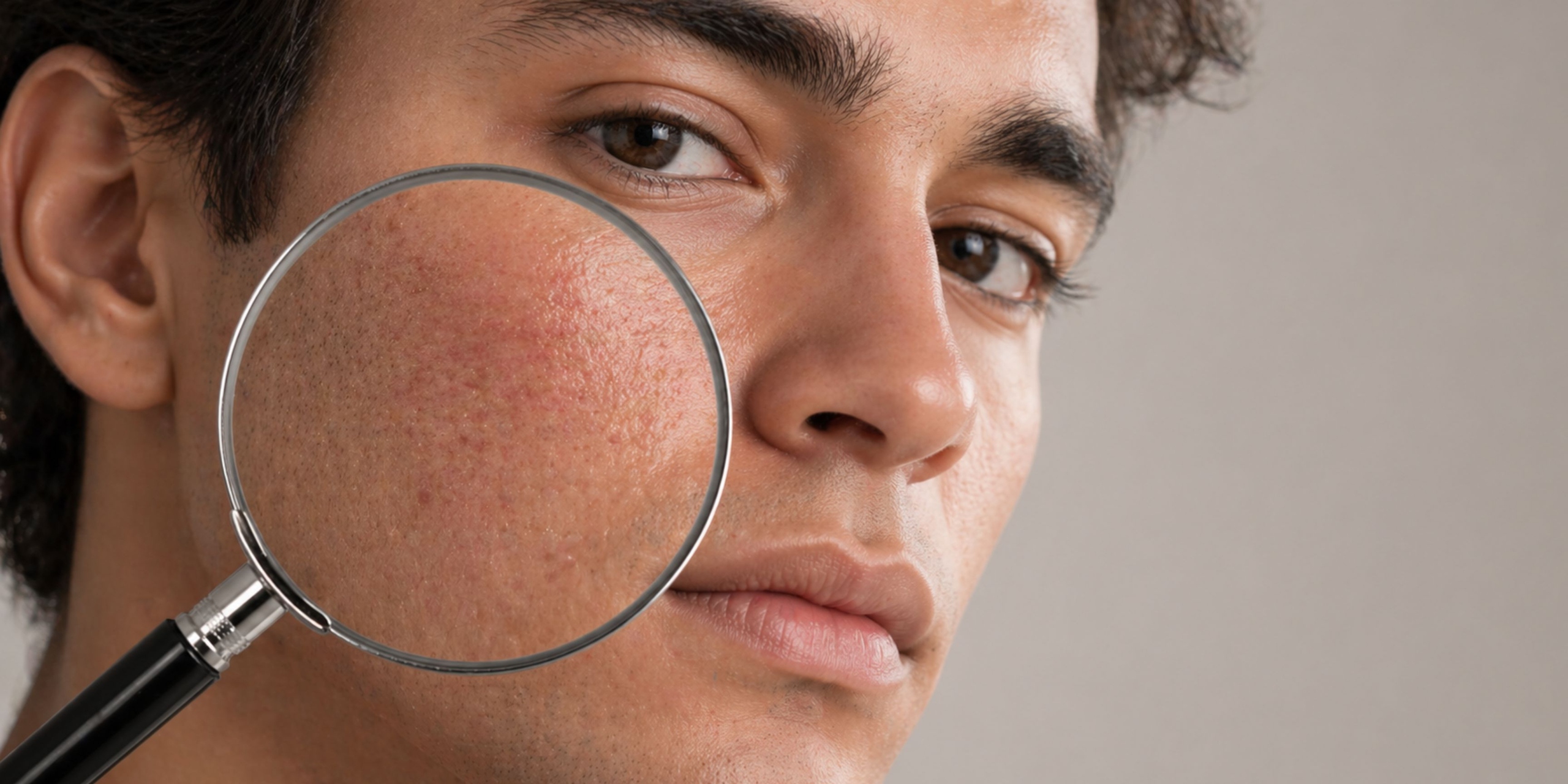 A man's sensitive skin being studied through a magnifying lens.